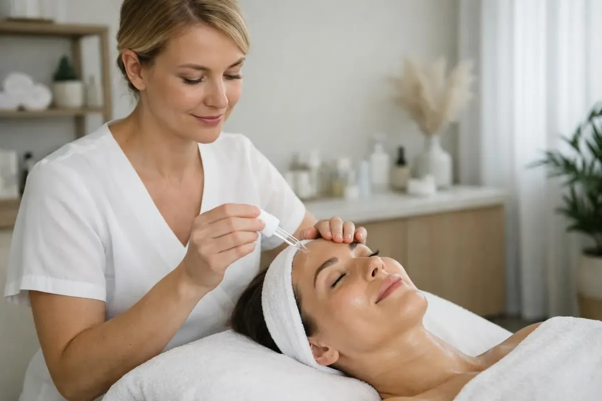 Professional esthetician performing hydrating facial treatment on woman's glowing skin in modern Swiss beauty salon, hands applying serum with gentle massage movements, serene spa atmosphere with soft natural lighting and minimalist decor