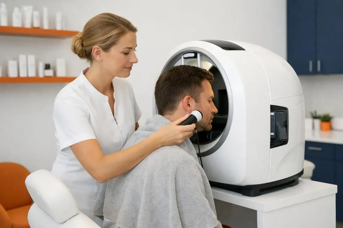Professional esthetician examining client's skin with modern diagnostic device in contemporary beauty clinic, close-up consultation scene showing precise skin analysis in Renens Switzerland beauty institute