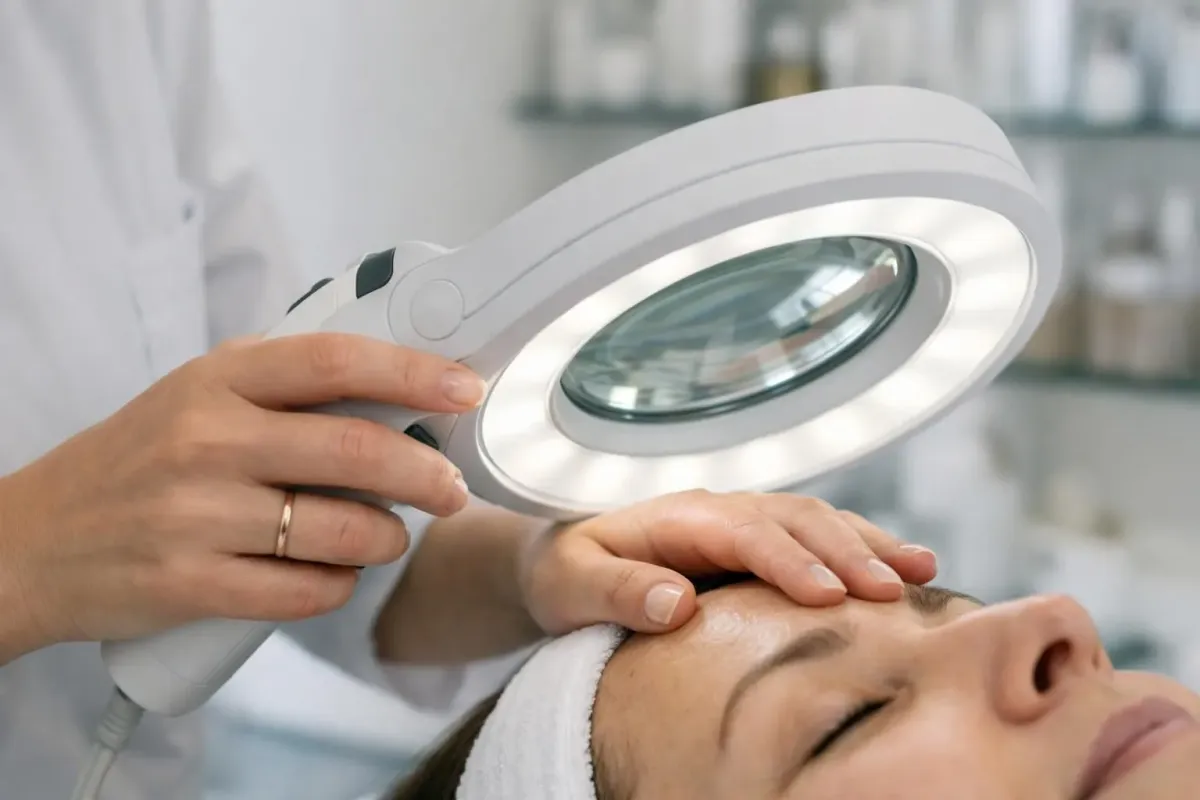 Professional esthetician performing detailed skin analysis with magnifying lamp and specialized lighting equipment in modern treatment room, close-up showing careful examination technique without any visible text or labels