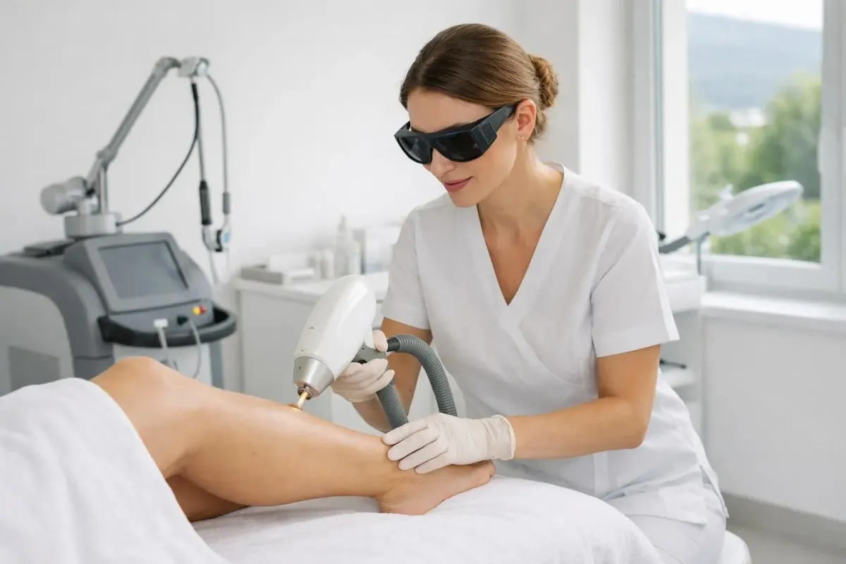 Professional aesthetician performing laser hair removal treatment on client's leg in modern Swiss clinic with medical equipment visible, clean white environment, natural lighting, focus on treatment procedure
