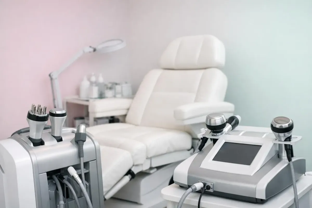 Modern anti-aging treatment equipment with advanced radiofrequency devices and ultrasound technology in a professional beauty institute setting, showing sleek medical-grade machines and a clean treatment room with comfortable patient chair