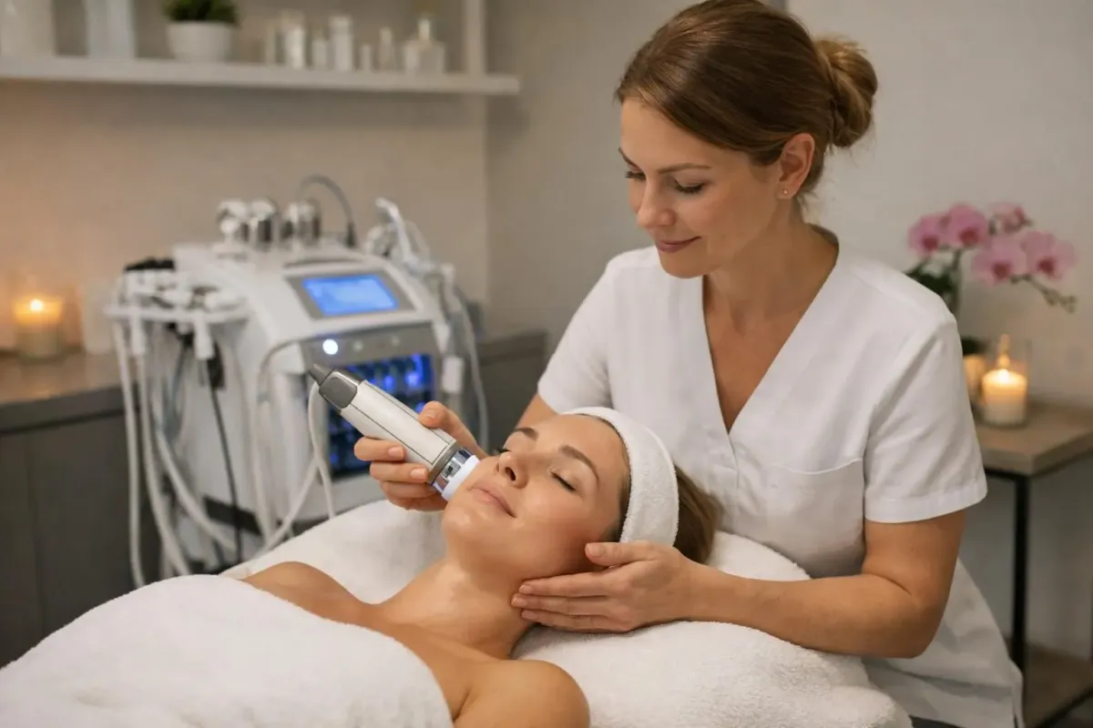 Femme d'âge mûr recevant un soin facial professionnel dans un institut de beauté moderne à Lausanne, avec une esthéticienne utilisant un appareil de haute technologie sur son visage, éclairage doux et ambiance relaxante
