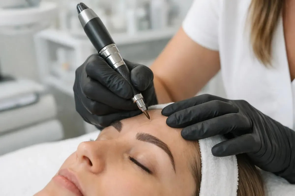 Esthéticienne professionnelle en blouse blanche appliquant avec précision du maquillage semi-permanent sur les sourcils d'une cliente dans un institut de beauté moderne et lumineux à Lausanne, matériel stérile visible, ambiance calme et hygiénique