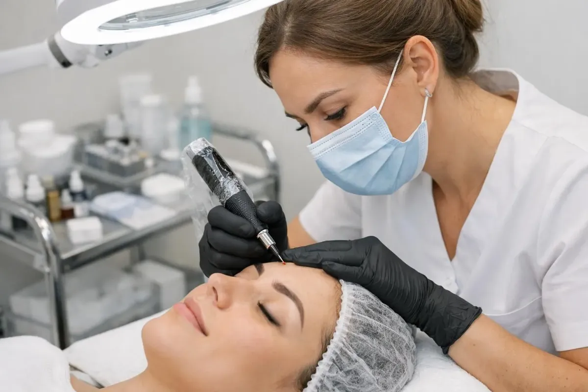 Close-up view of a professional beautician performing permanent makeup eyebrow micropigmentation procedure on a female client in a modern, clean beauty salon with professional lighting and sterile equipment visible, showing precise application technique and natural results in Renens Switzerland