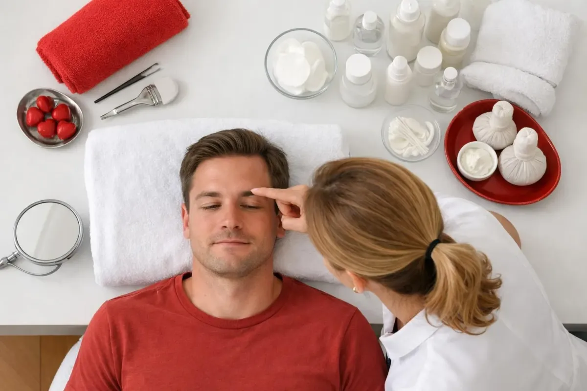 Clean modern beauty salon consultation scene, female specialist showing eyebrow shaping options to male client using hand mirror, natural lighting, professional atmosphere in Lausanne setting, close-up view of consultation table with skincare products