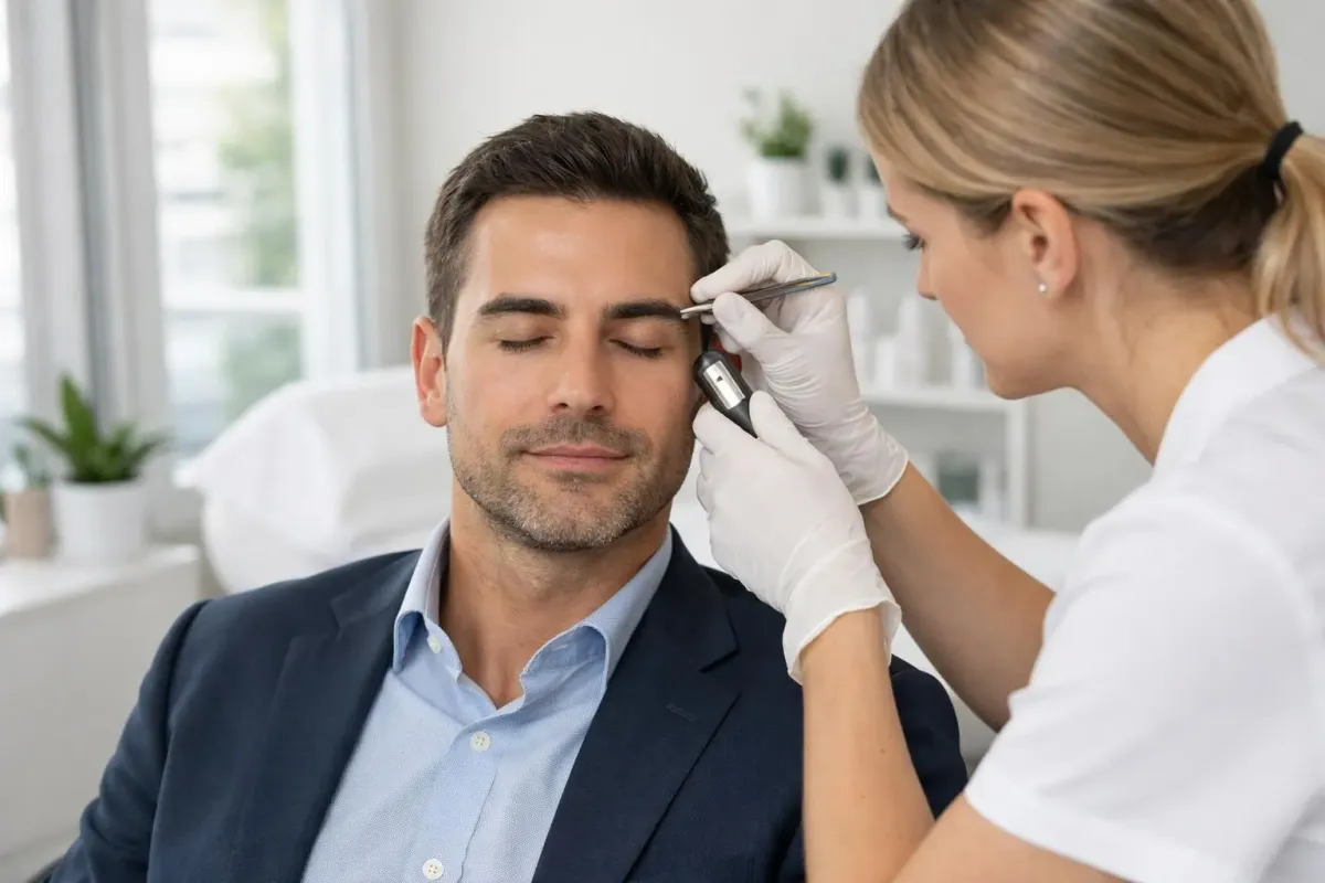 Professional male client with well-groomed eyebrows in modern beauty salon in Lausanne, esthetician working with precision tools, natural daylight, clean minimalist setting, focus on facial grooming