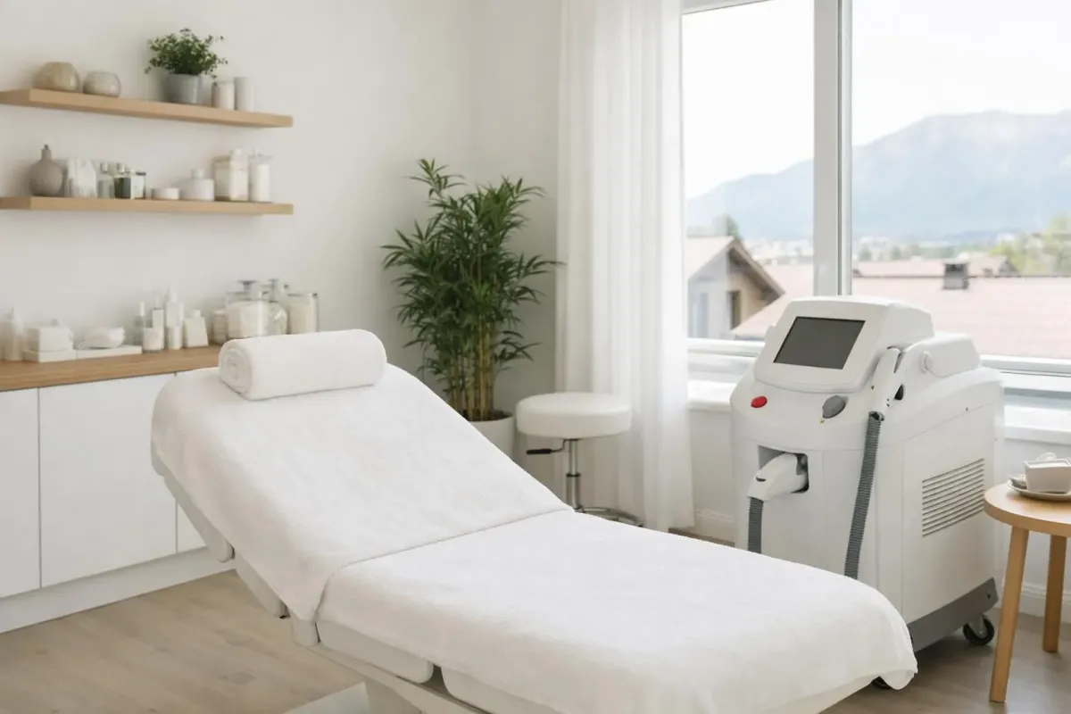 Modern beauty treatment room with professional IPL or laser device, clean white aesthetic, client comfort setup in Swiss professional beauty institute, natural lighting, serene atmosphere