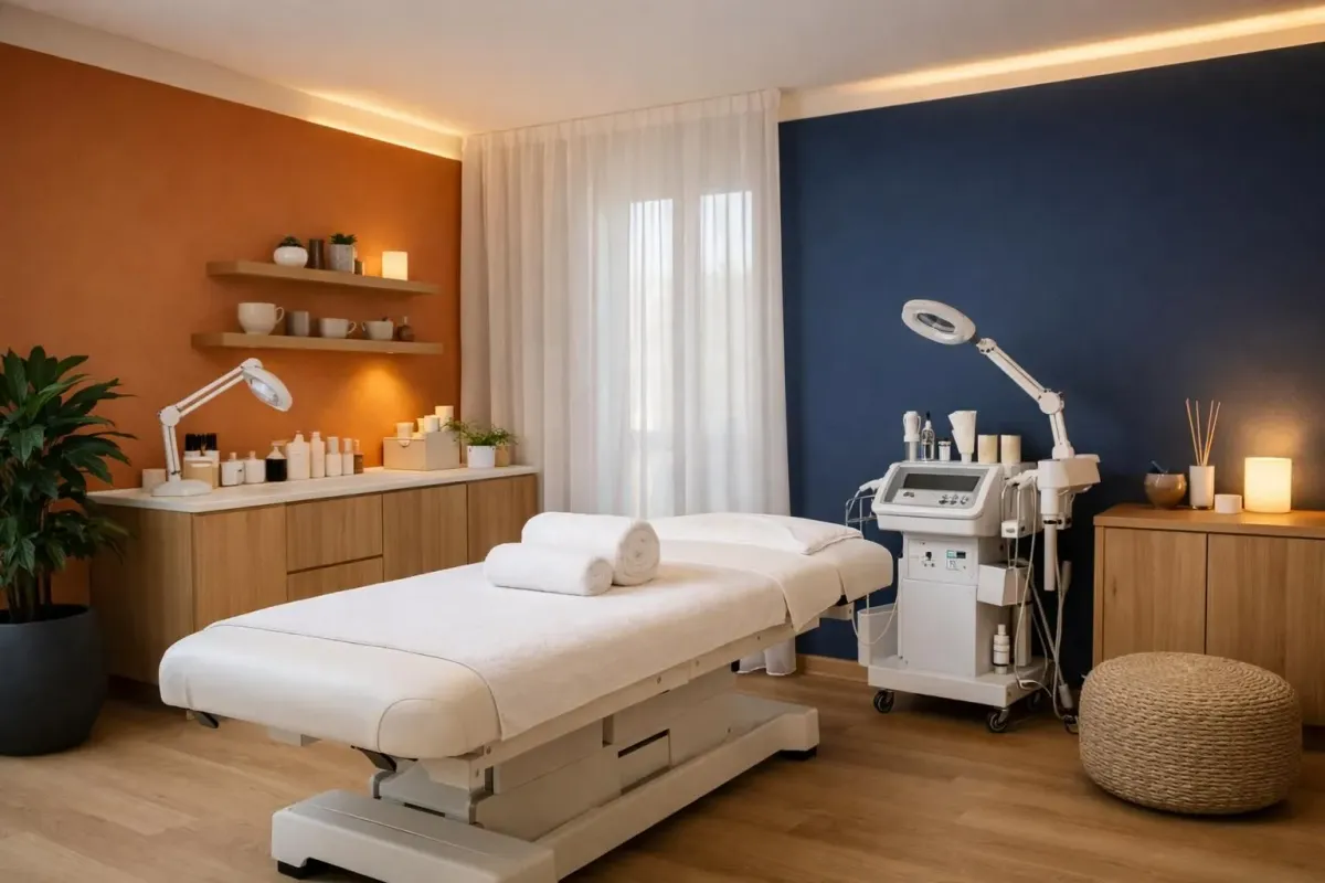 Interior of modern Swiss wellness institute in Renens with massage table, soft ambient lighting, natural wood elements, and professional beauty treatment setup without any text or signage visible
