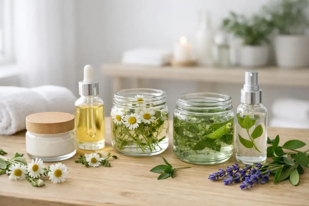 Close-up of natural organic skincare products with botanical ingredients like chamomile flowers, lavender sprigs, and green plant extracts in glass containers on a wooden treatment table in a bright, clean beauty spa room with soft natural lighting