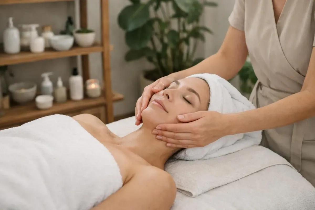 Interior of a modern organic beauty salon in Renens showing treatment rooms with natural wooden furniture, green plants, ceramic bowls containing organic facial creams and natural skincare products, soft ambient lighting, and a massage table with rolled white towels, conveying a serene spa atmosphere focused on personalized bio beauty treatments