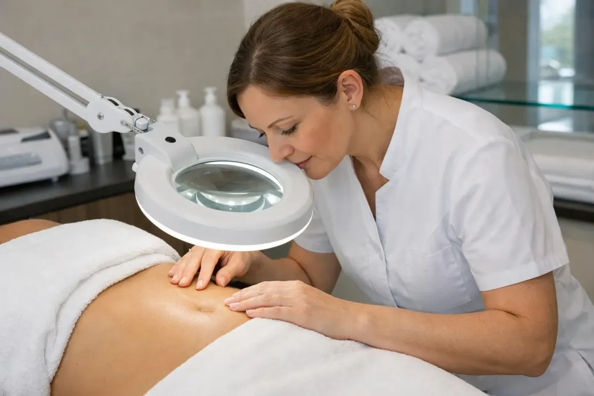 Professional beautician in white uniform examining client's abdomen skin with magnifying lamp in modern Swiss spa treatment room, clinical lighting highlighting skin texture assessment