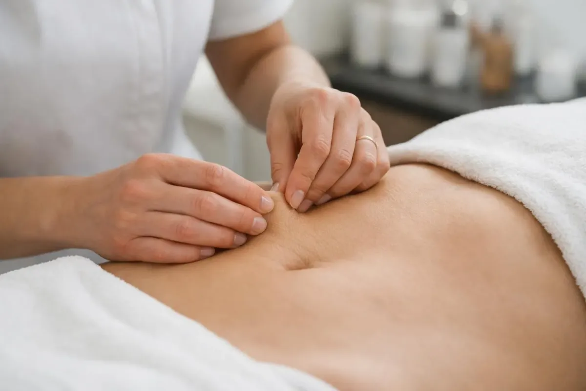 Professional aesthetician examining skin texture on client's abdomen during consultation, close-up view of hands pointing at skin area, natural clinical lighting, intimate healthcare setting without any text or labels