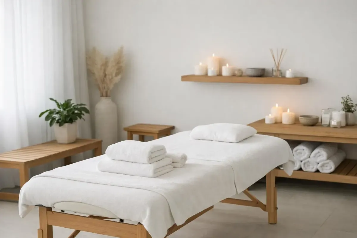 Peaceful massage therapy room in Crissier spa with warm lighting, natural wood elements, aromatic candles, and professional massage table prepared with fresh linens