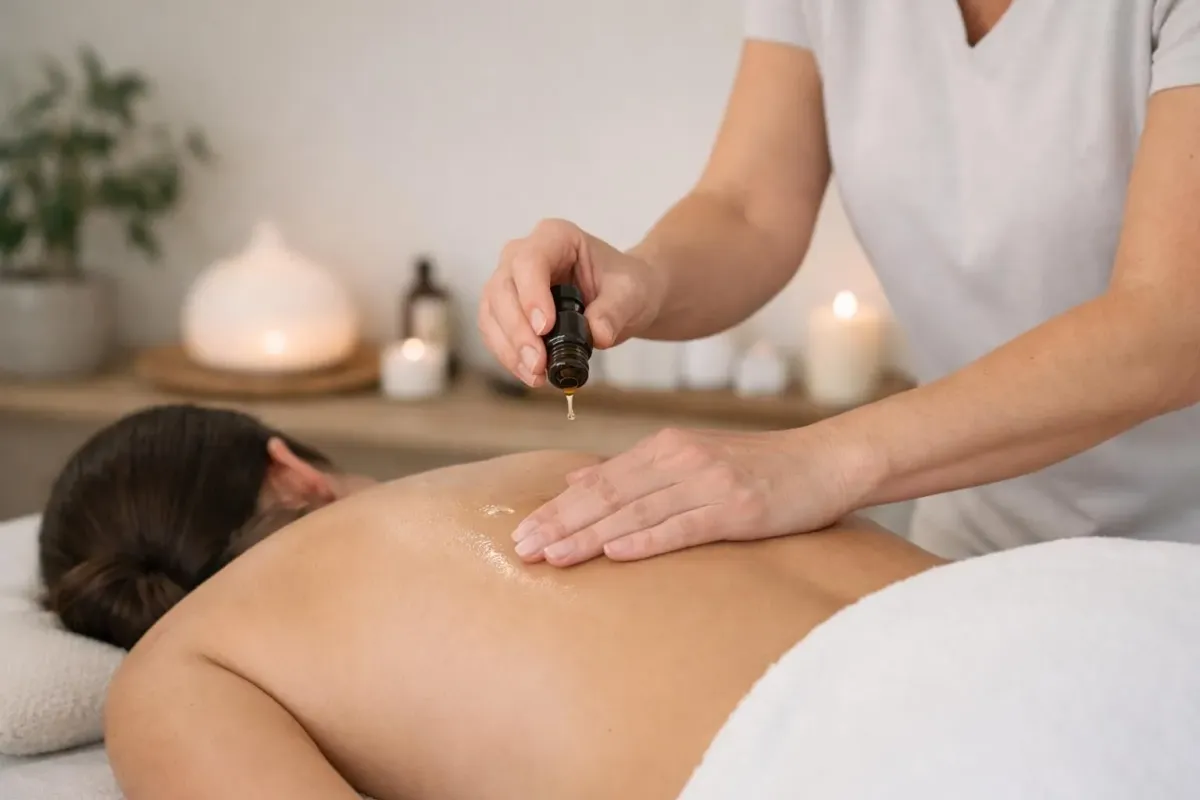 Professional massage therapist hands applying relaxing massage technique with essential oils on client's back in serene spa room at Crissier, warm ambient lighting, aromatherapy candles, natural wellness atmosphere