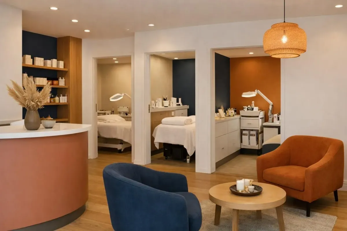 Modern welcoming beauty salon interior in Lausanne with elegant treatment rooms, comfortable seating area, professional equipment, and warm lighting creating an inviting atmosphere for beauty treatments