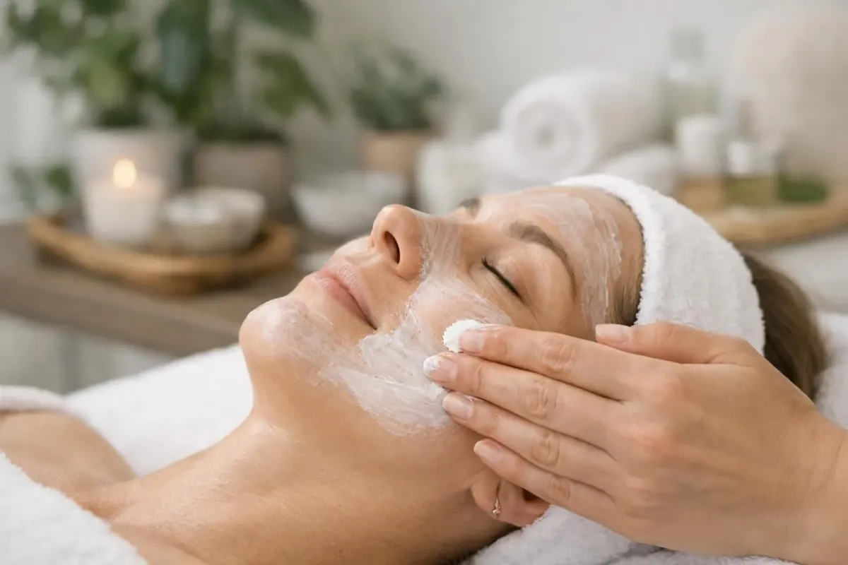 Professional beautician performing personalized facial treatment on client in bright modern beauty institute with natural light, serene atmosphere, client relaxed on treatment bed, beautician wearing professional attire examining skin, contemporary spa setting with plants and clean aesthetic