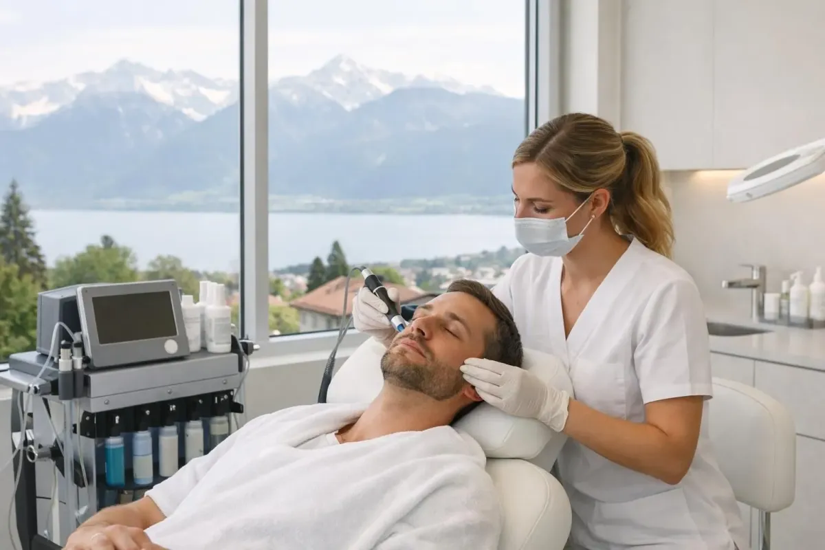Modern aesthetic clinic treatment room in Lausanne with HydraFacial machine performing facial treatment on a client lying comfortably on a treatment bed, soft natural lighting through windows showing Swiss Alps in background, clean professional medical spa environment