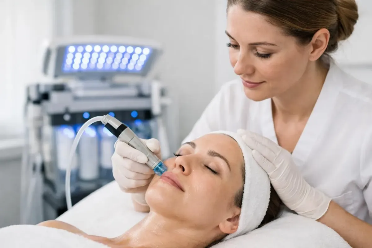 Close-up view of a professional aesthetician performing a HydraFacial treatment on a client in a modern beauty institute, showing the hydradermabrasion handpiece gliding over clean skin, with LED therapy equipment visible in the background, bright clinical setting with soft natural lighting