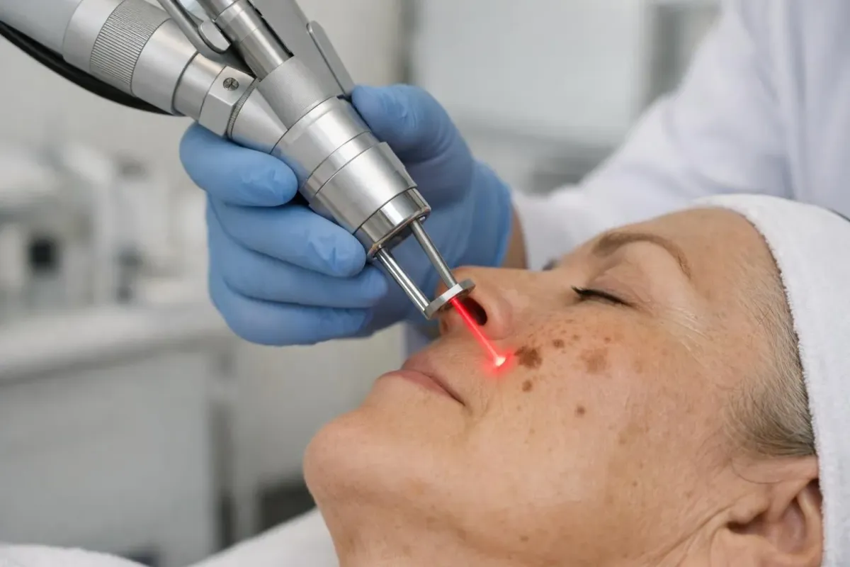 Close-up photo of a modern medical laser device targeting facial skin with visible precision beam, professional dermatology clinic setting with soft clinical lighting, healthcare professional wearing gloves operating advanced laser equipment on patient's cheek area with visible brown spots