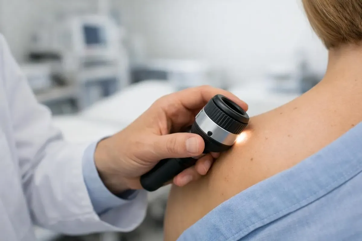 Vue rapprochée professionnelle d'une main de dermatologue examinant délicatement une zone pigmentée sur la peau du visage d'une patiente dans une clinique moderne bien éclairée de Crissier, équipement médical esthétique visible en arrière-plan flou, ambiance professionnelle et rassurante