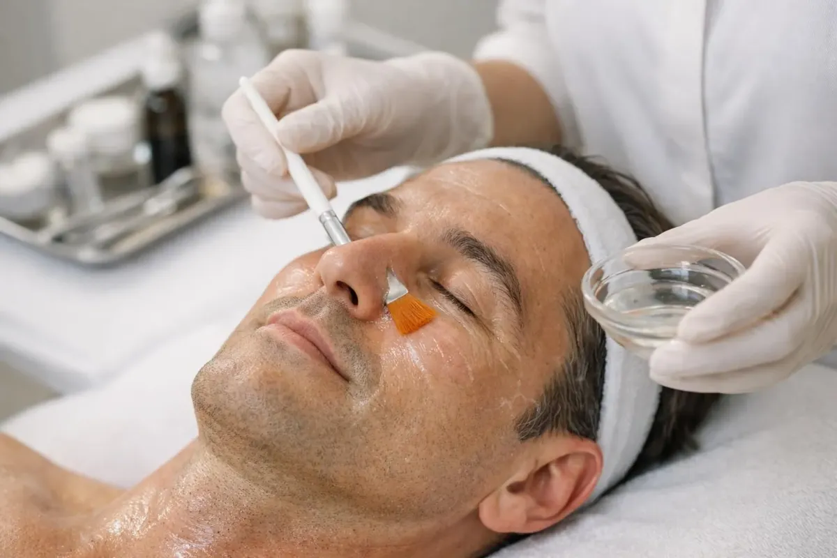 Professional skincare specialist applying a chemical peel solution with a brush on a client's face in a modern beauty institute treatment room, soft lighting highlighting the skin renewal process, professional medical-grade tools visible on a treatment tray