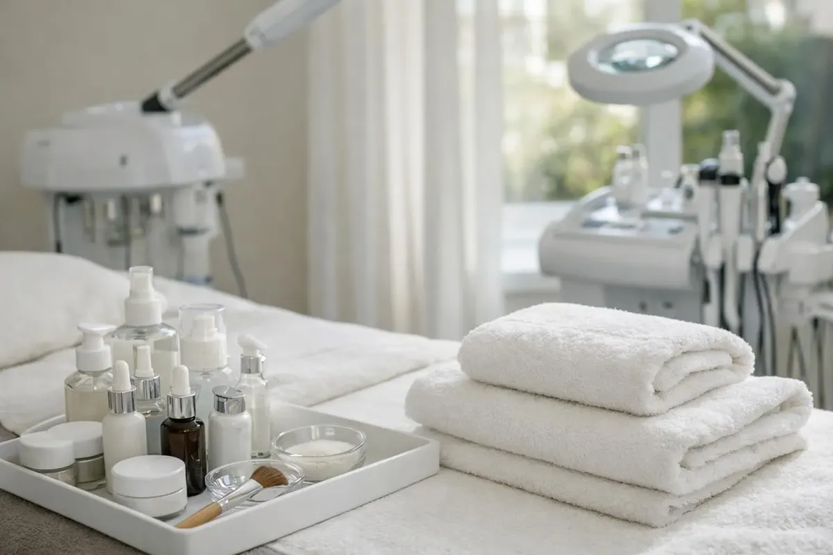 Interior of professional beauty salon showing treatment room with facial care products, soft towels, and modern equipment in natural lighting, demonstrating personalized beauty services in Châtel-St-Denis area