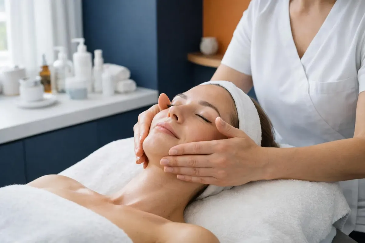 Close-up of beautician hands performing professional facial massage on female client in clean, modern treatment room with soft natural light, skincare products visible on counter