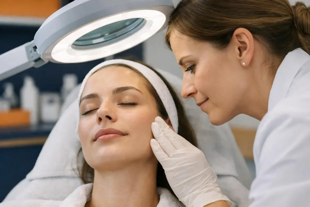 Gros plan sur le visage d'une femme montrant des taches pigmentaires sur sa joue, avec la main d'une esthéticienne en blouse blanche examinant la peau sous une lumière diagnostique dans un institut de beauté moderne et épuré à Renens