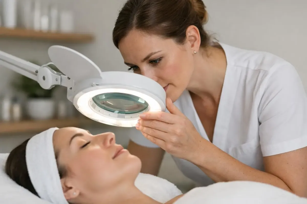 Esthéticienne professionnelle examinant attentivement la peau du visage d'une cliente avec une loupe dermatologique, dans une cabine de soin épurée aux tons blancs et beiges, lumière naturelle tamisée, ambiance clinique chaleureuse