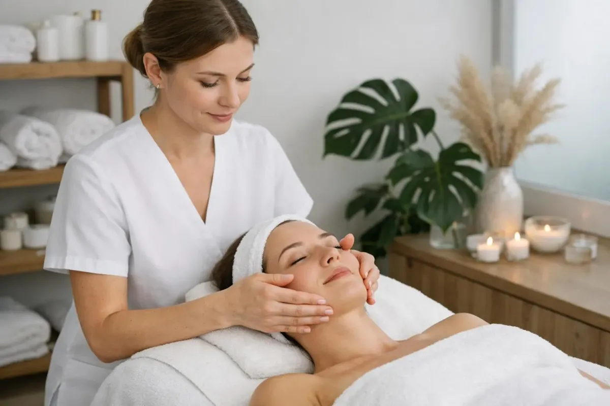 Professional spa therapist performing gentle facial massage on relaxed client lying on treatment bed in serene wellness center with soft lighting and natural elements in Chavannes