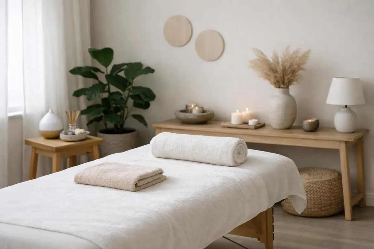Professional massage therapy session in serene spa environment with soft natural lighting, comfortable treatment table, relaxing wellness atmosphere in Swiss beauty institute, peaceful interior design with calming colors