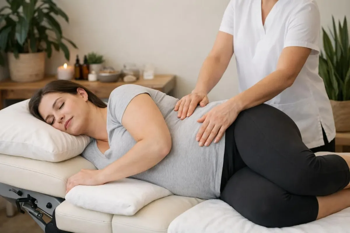 Bright massage therapy room with a specialized pregnancy massage table featuring side cushions, warm lighting, and zen decor including plants and essential oil diffusers, professional healthcare setting