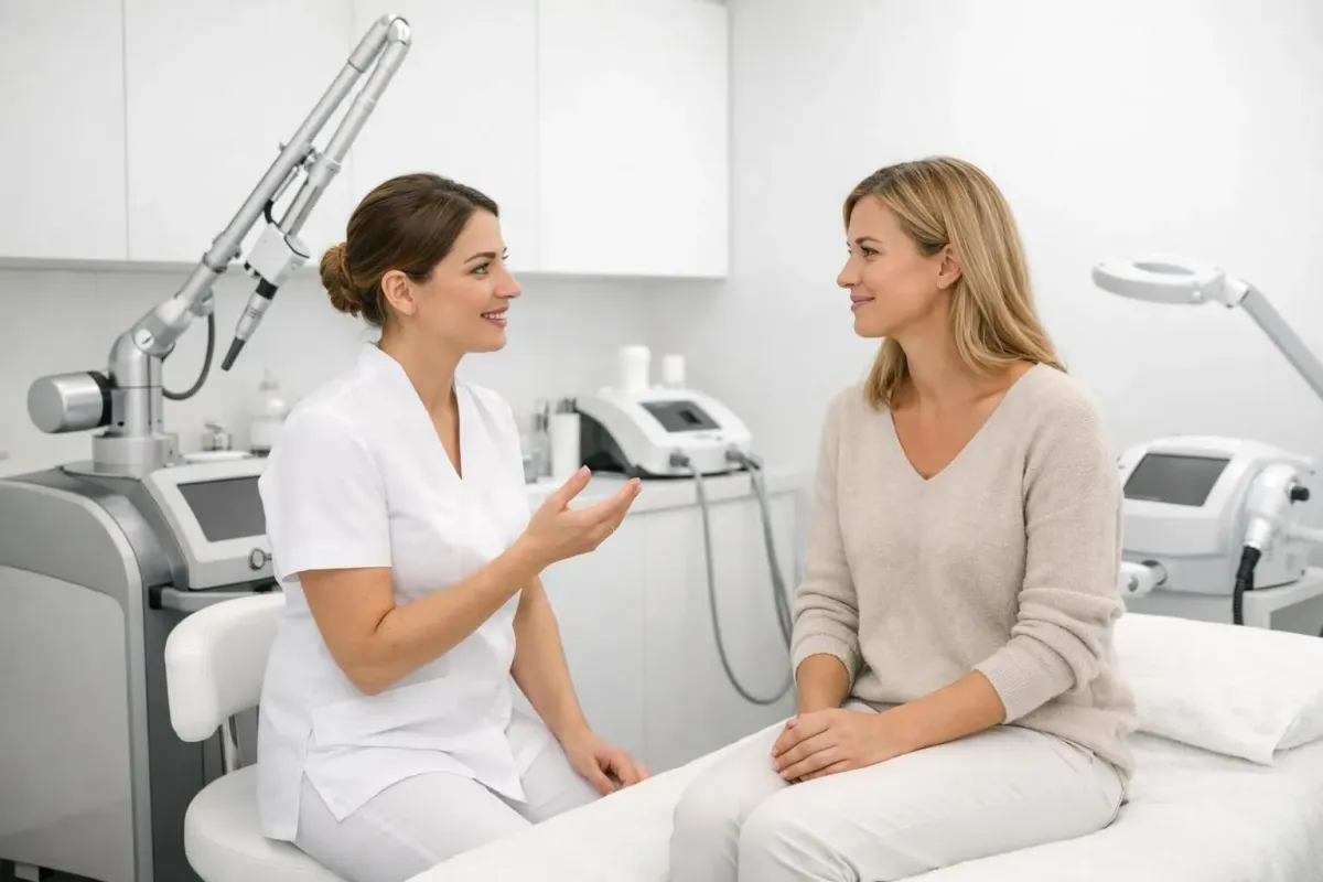 Modern beauty clinic interior in Switzerland showing advanced laser hair removal equipment with professional aesthetician consulting female client, clean white treatment room with technology display screens, natural daylight from large windows, professional medical-grade devices visible