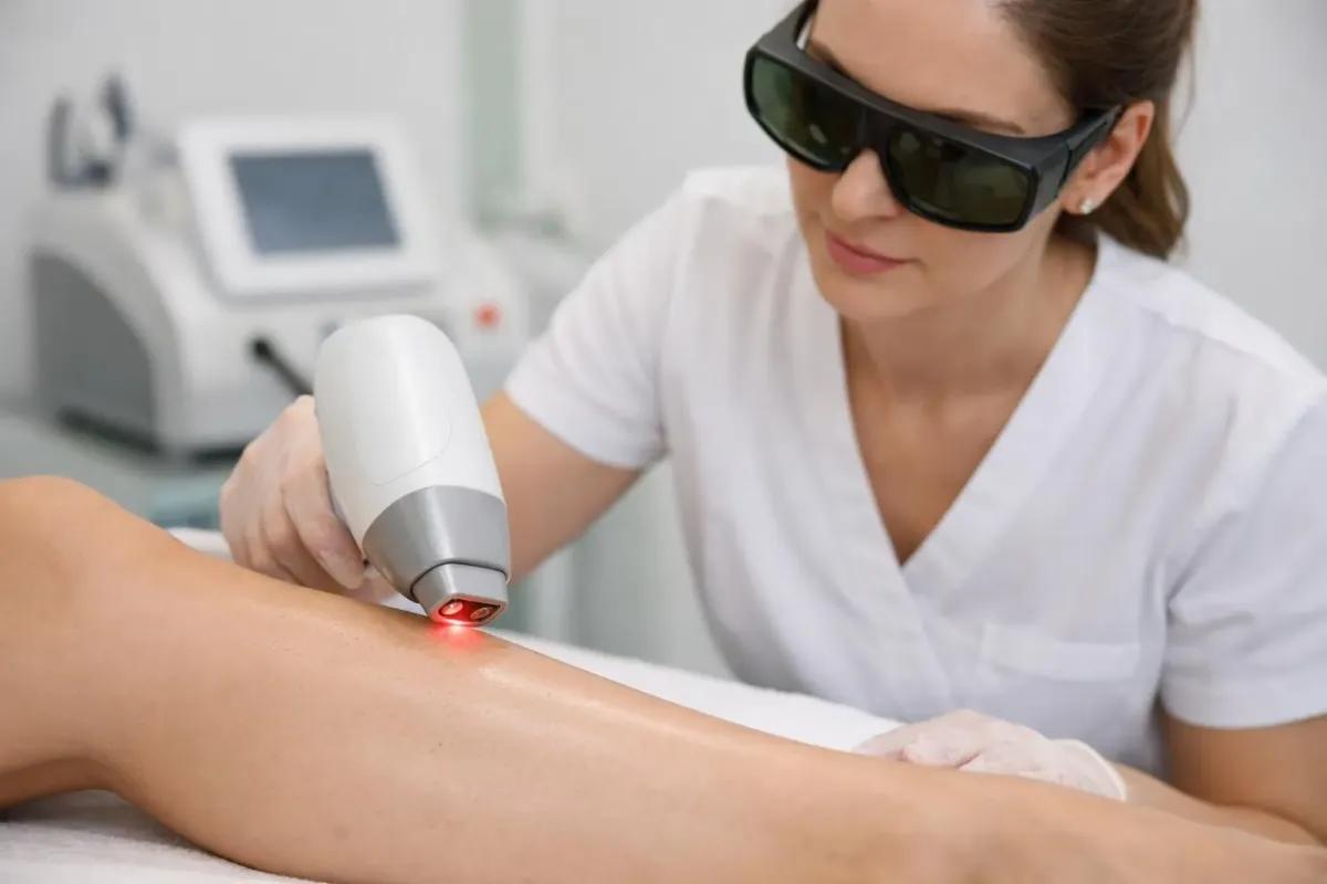 Professional esthetician using modern laser diode hair removal device on client's leg in clean medical spa treatment room, showing precision handpiece targeting hair follicles with safety goggles visible