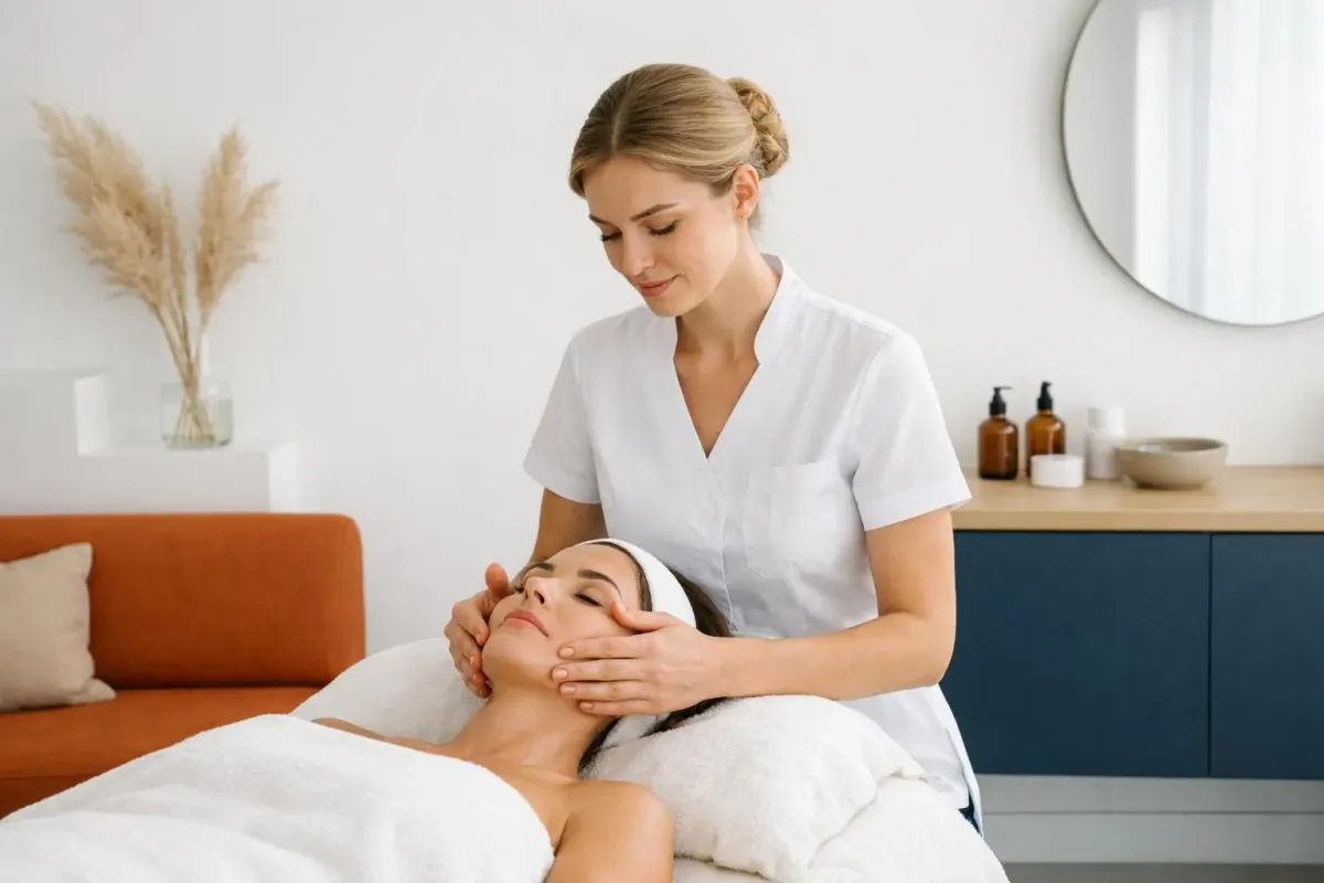 Professional female esthetician wearing white uniform performing gentle facial massage on client lying on treatment bed in modern, minimalist Swiss beauty institute with natural light and clean white walls