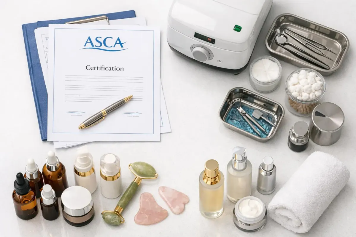 Professional beauty therapist's workspace showing ASCA certification documents, sterilization equipment, and high-end skincare products arranged on clean white counter in modern Swiss beauty institute