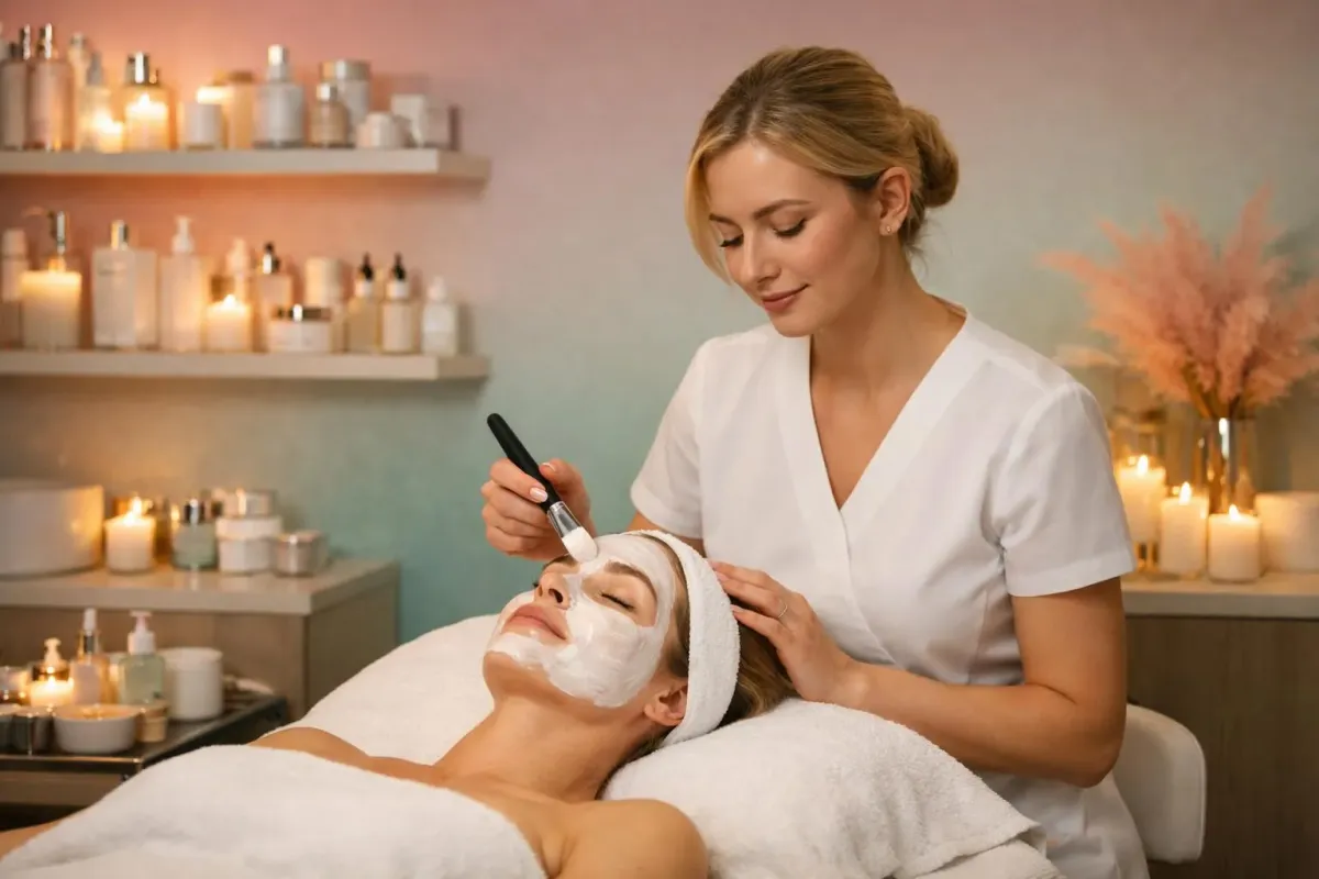 Professional beauty therapist performing a facial treatment on a client in a modern spa room with various skincare products displayed on shelves, soft lighting creating a relaxing atmosphere in a Swiss beauty institute