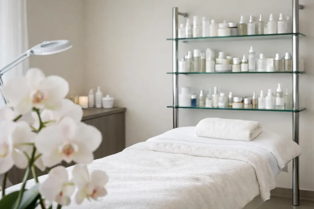 A serene beauty treatment room in a modern Swiss institute, featuring a facial treatment bed with soft lighting, professional skincare products on a glass shelf, and delicate orchids in the foreground, conveying luxury wellness services in La Chaux-de-Fonds without any text or signage