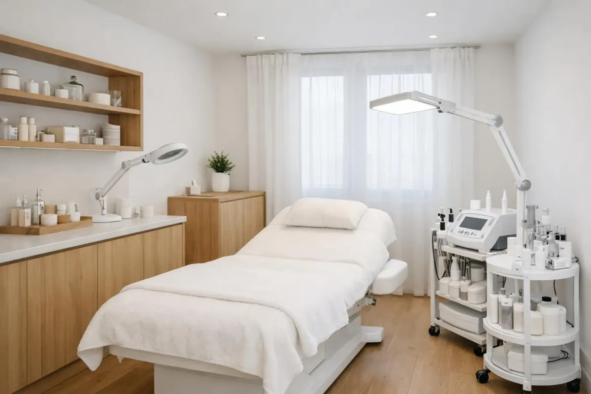 Interior of a modern beauty salon in La Chaux-de-Fonds showing treatment rooms with advanced skincare equipment, comfortable treatment beds, professional lighting, and elegant minimalist decor with natural wood accents, clean white surfaces, and soft ambient lighting creating a serene wellness atmosphere