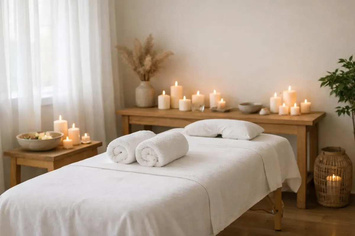 Salle de massage moderne avec table de massage recouverte de draps blancs immaculés, bougies allumées diffusant une lumière douce, serviettes roulées disposées à côté, murs aux tons beige et crème, fenêtre laissant filtrer une lumière naturelle, ambiance apaisante et cocooning sans aucun texte ni inscription visible