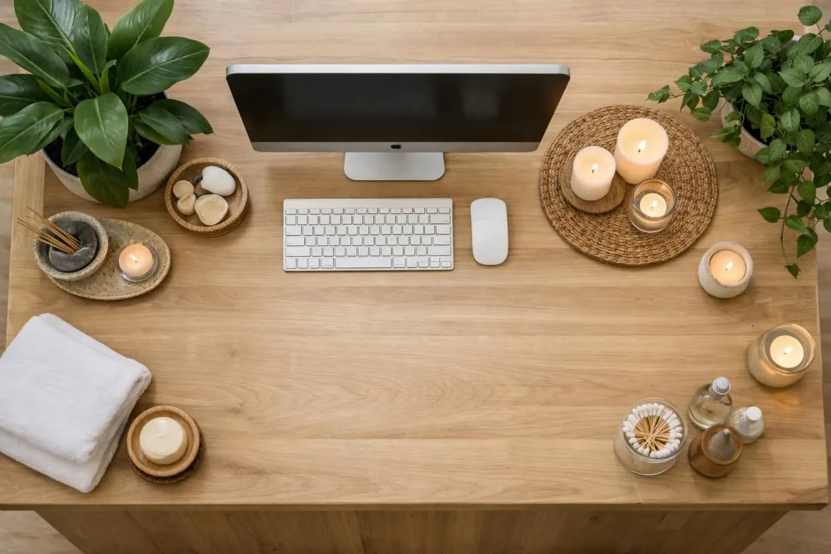 Réception accueillante d'Institut Perle avec mobilier moderne en bois clair, plantes vertes luxuriantes, bougeies aromathérapie allumées et lumière naturelle douce créant une ambiance zen et relaxante