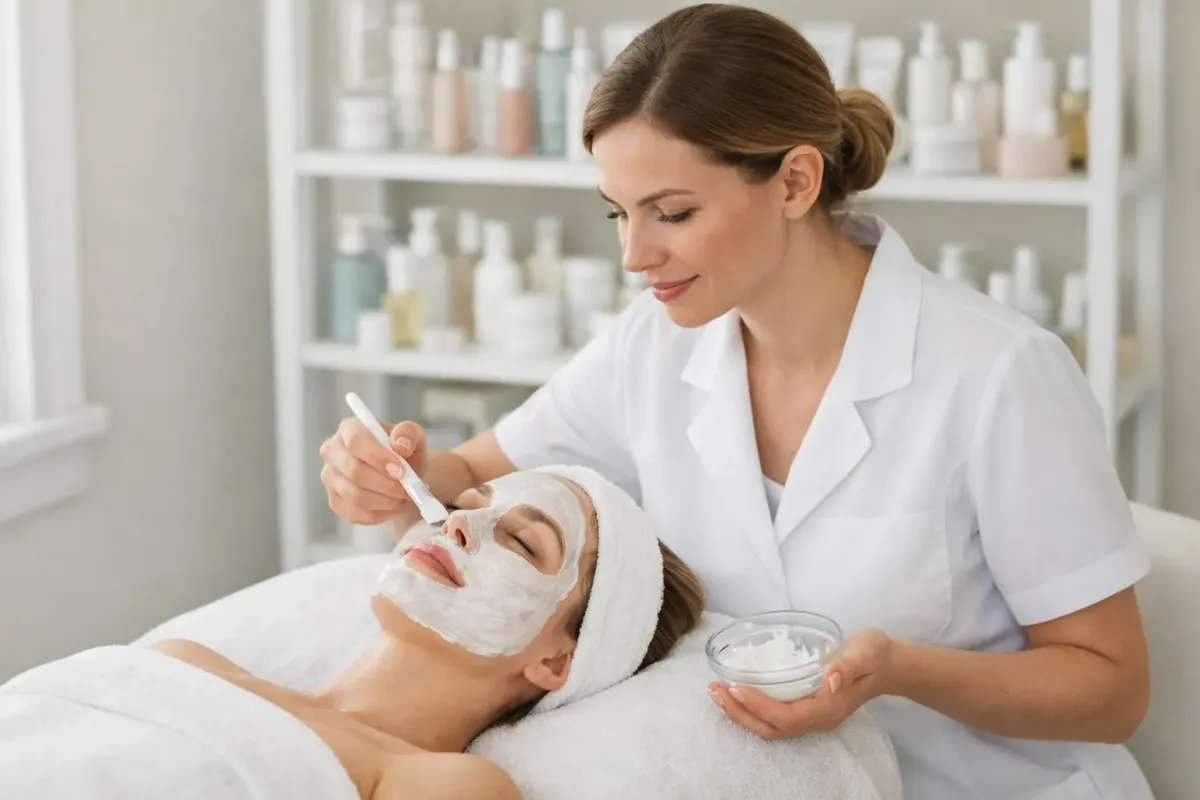Esthéticienne en blouse blanche appliquant un masque hydratant sur le visage d'une cliente allongée dans un institut de beauté moderne aux tons clairs, avec produits de soins visibles sur une étagère en arrière-plan