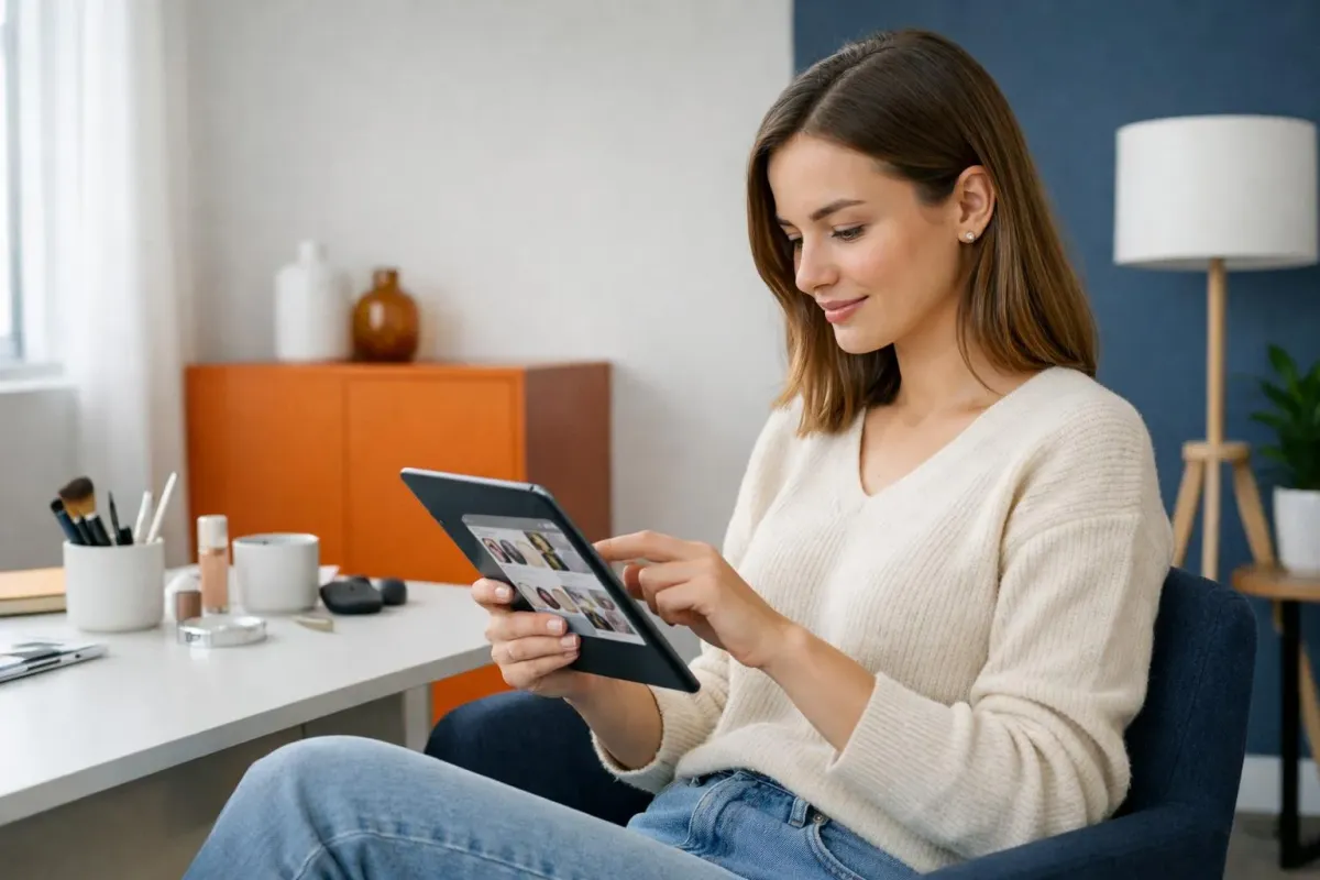 Jeune femme consultant des offres beauté sur tablette dans un environnement lumineux et moderne, éclairage naturel, décor minimaliste avec plantes, atmosphère concentrée et détendue