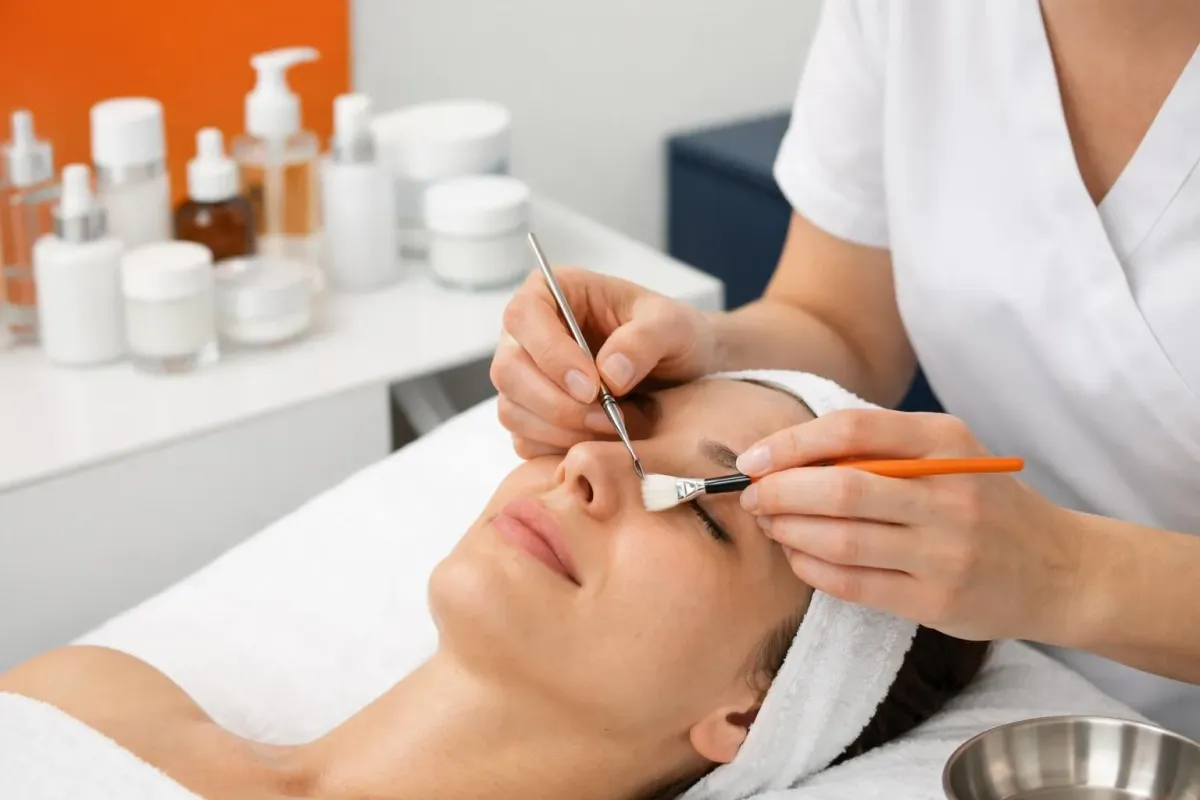 Close-up of professional beautician's hands performing precise facial treatment with specialized tools and high-concentration professional skincare products in a modern Swiss beauty institute, visible product containers with professional labels, clean clinical environment