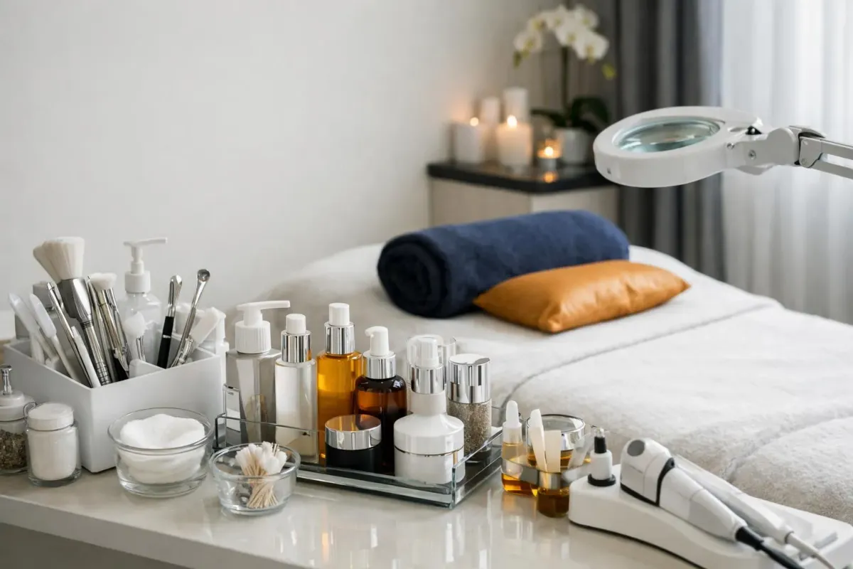 Professional esthetician's workspace in a Swiss beauty institute showing organized treatment tools, high-quality skincare products in professional packaging, and a treatment bed in a modern, well-lit room