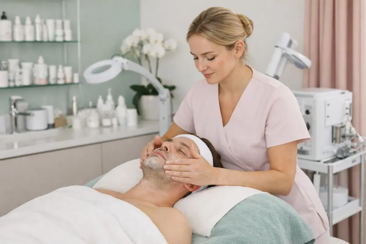 Elegant beauty treatment room at Institut Perle showing professional esthetician performing personalized facial care on client in serene atmosphere with modern equipment visible in Chavannes-près-Renens setting, natural lighting highlighting skincare products and comfortable treatment bed