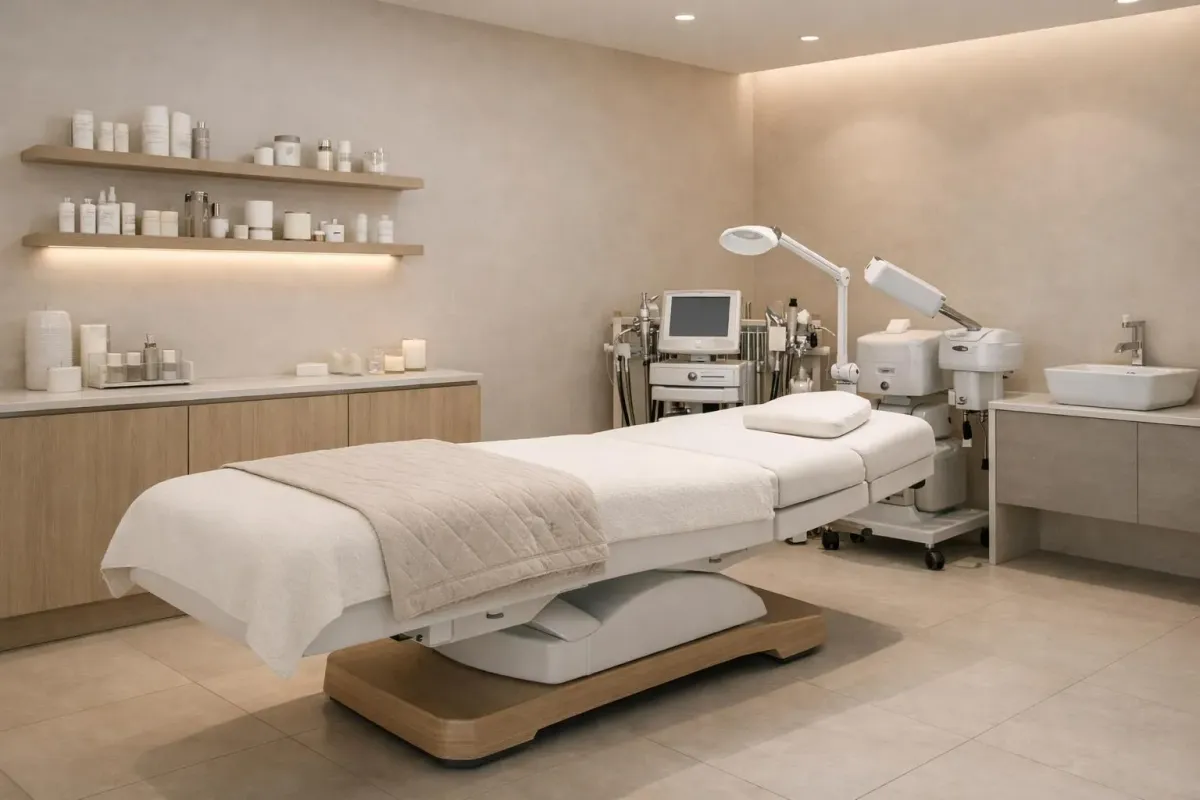 Luxurious beauty treatment room in a Swiss institute with elegant massage bed, soft ambient lighting, high-end skincare products on minimalist shelves, calming neutral tones and professional spa equipment, showcasing premium wellness environment
