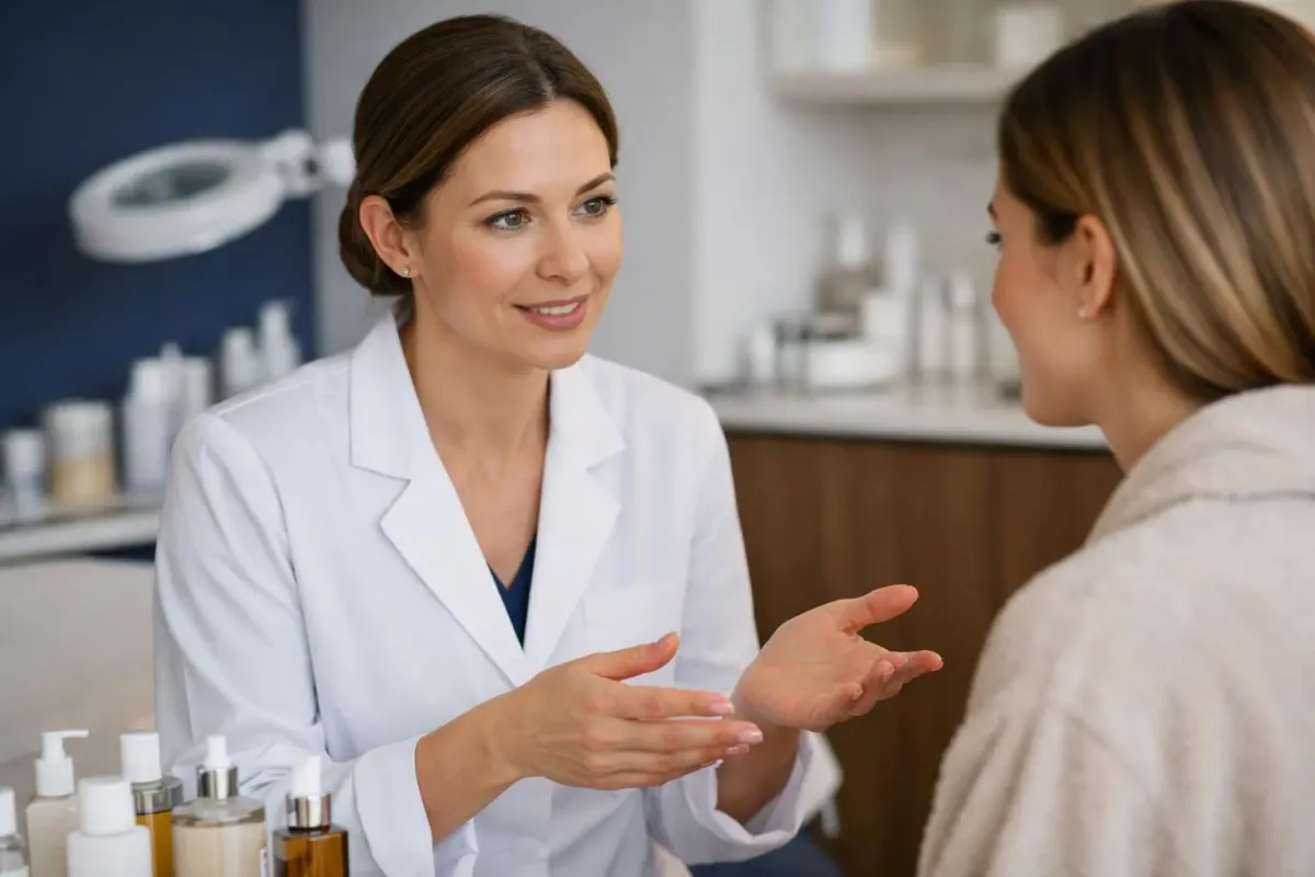 Professional esthetician in white coat showing treatment details to female client in modern beauty institute consultation room, transparent discussion with skincare products visible on counter, trust and professionalism atmosphere, natural lighting