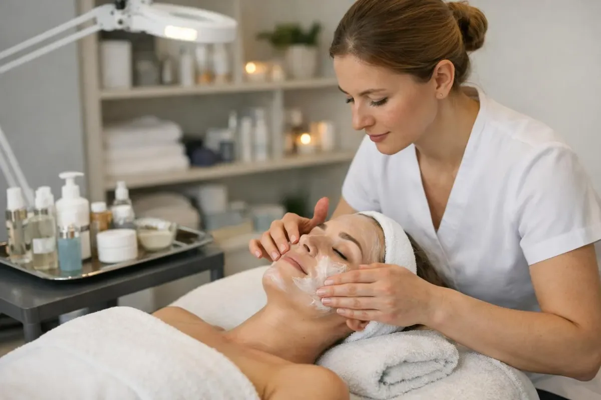 Professional esthetician performing a facial treatment on a client in a modern beauty salon with clean treatment bed, professional skincare products on a tray, and warm ambient lighting in Chavannes-près-Renens, showcasing qualified beauty care in a trustworthy institute setting