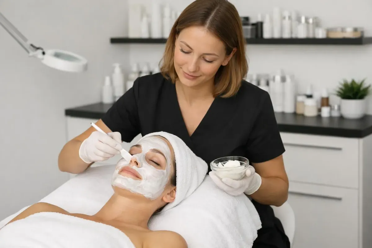 Esthéticienne professionnelle aux mains gantées appliquant un masque facial naturel sur le visage d'une cliente détendue allongée dans un institut de beauté moderne et lumineux à Martigny, avec produits de soins en arrière-plan